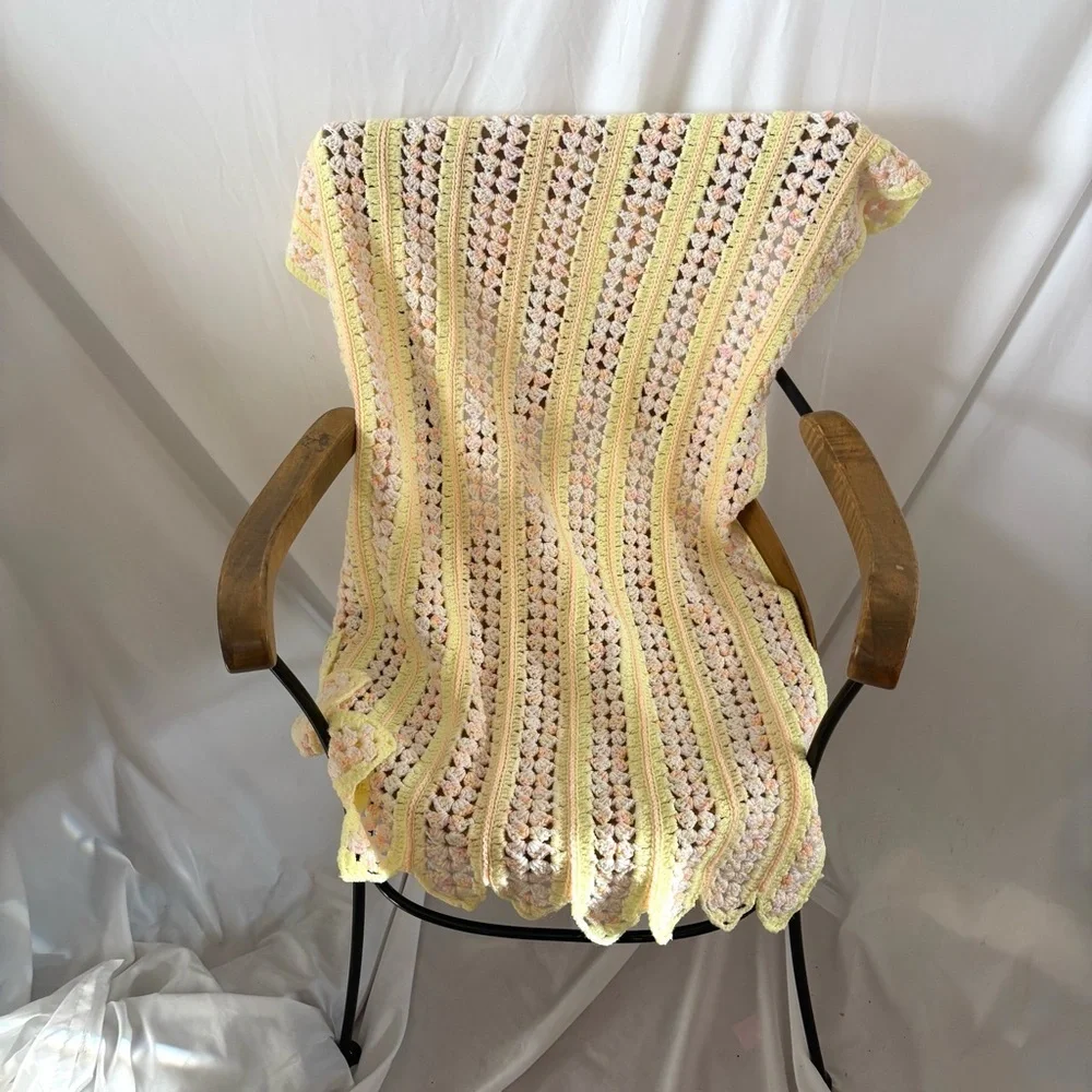Vintage crochet baby blanket yellow small pet throw